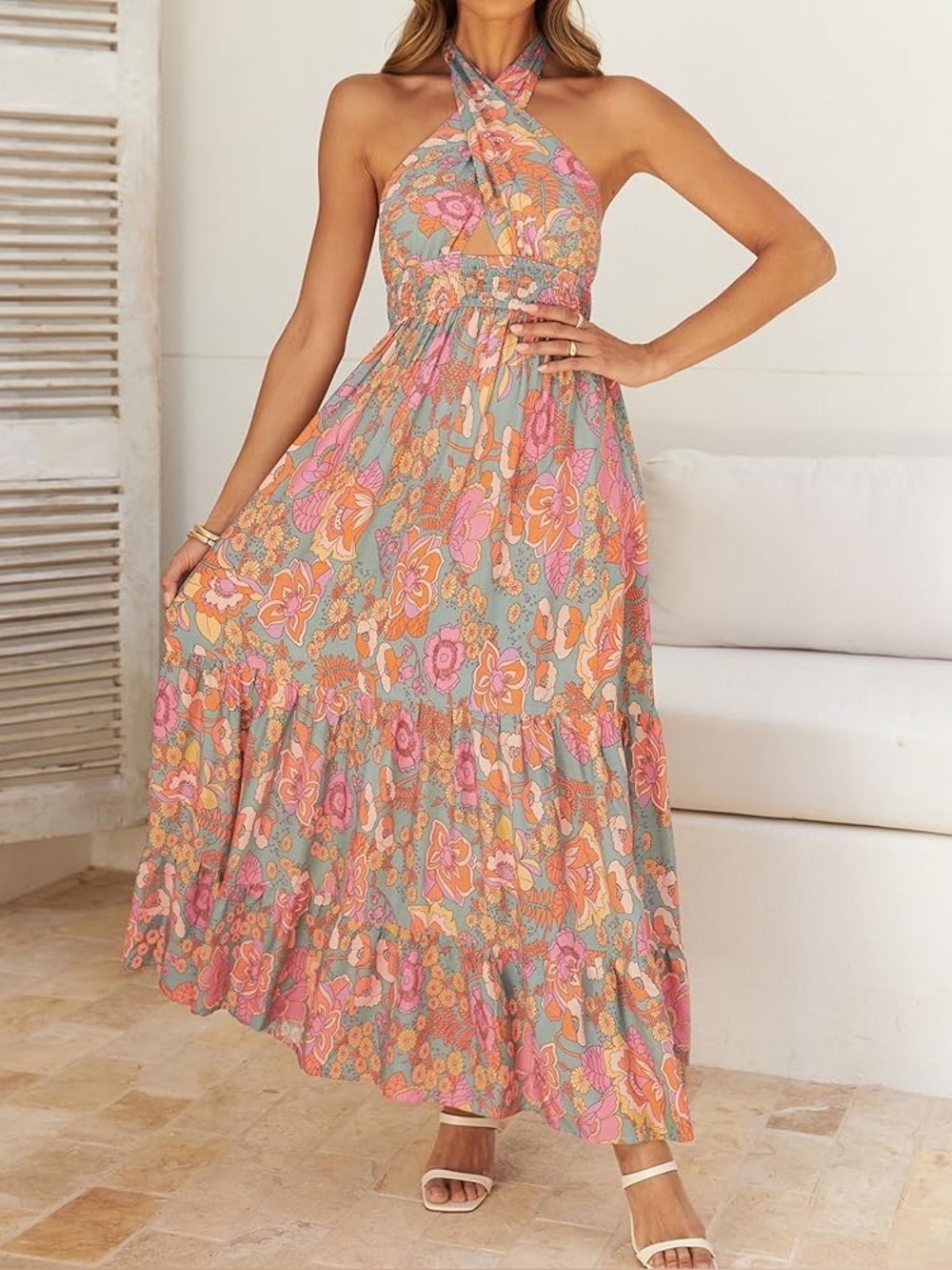 ZESICA Boho Retro Floral Halter Maxi Dress Pink Orange Tiered Sun Dress Large